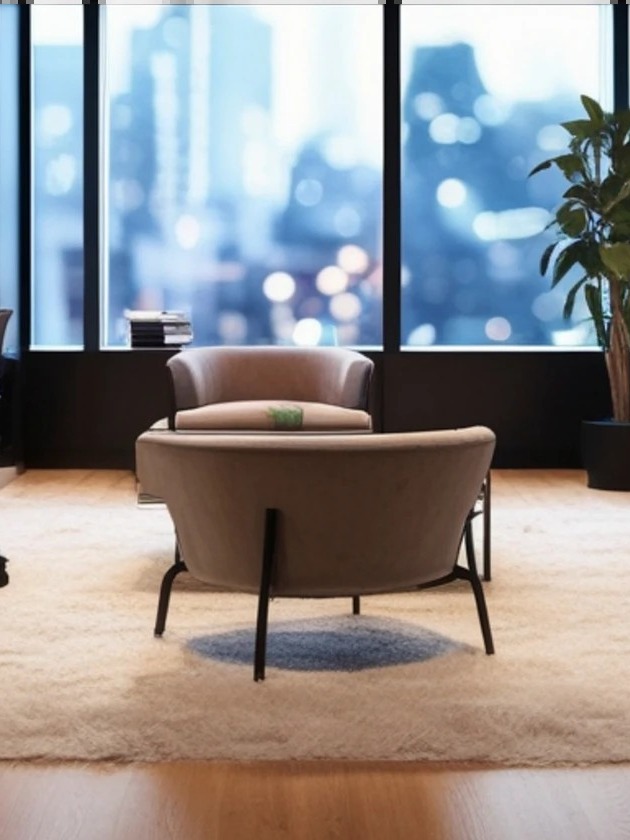 Two armchairs facing each other in a quiet room overlooking a city
